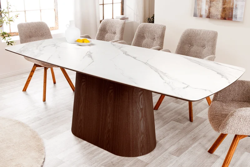 Table à manger design UNIQUE 200cm noyer blanc céramique base colonne marbre