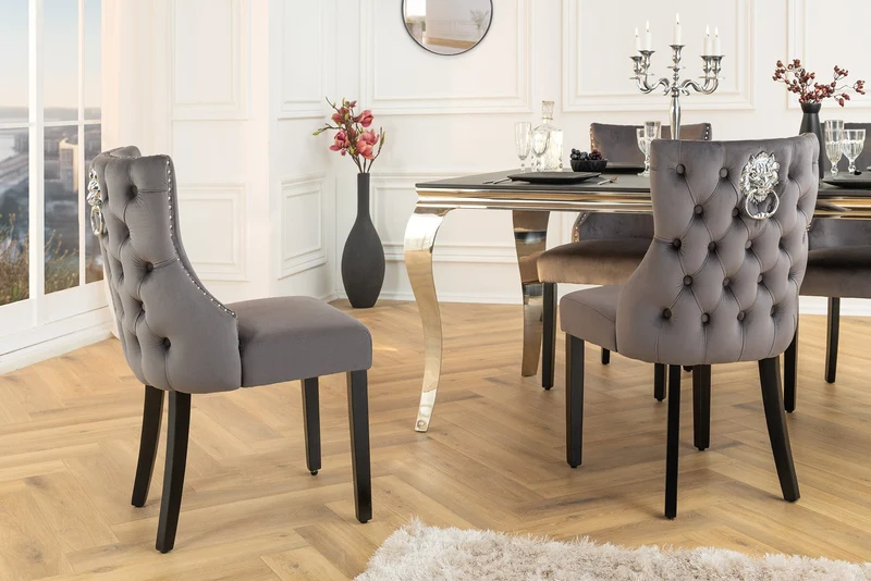 Lot de 2x fauteuils Chesterfield CASTLE DELUXE en velours gris avec rivets tête de lion