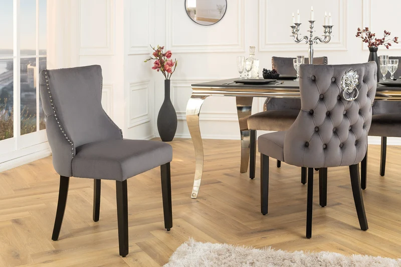 Lot de 2x fauteuils Chesterfield CASTLE DELUXE en velours gris avec rivets tête de lion
