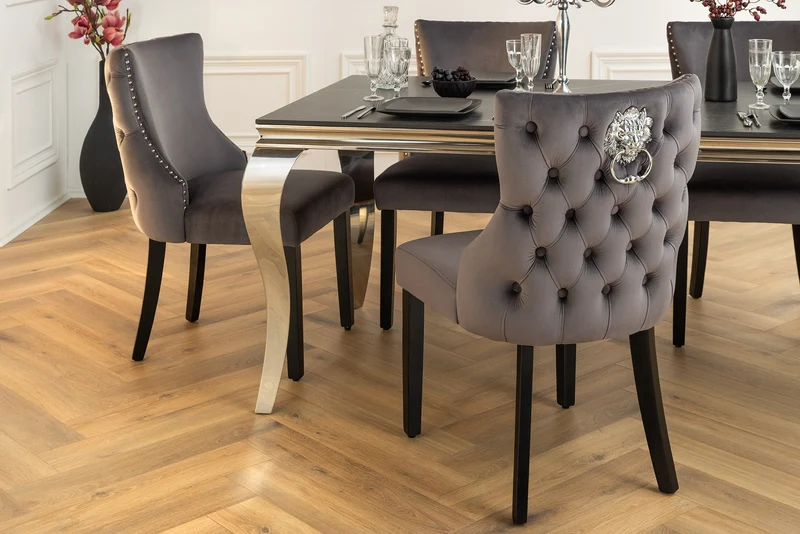 Lot de 2x fauteuils Chesterfield CASTLE DELUXE en velours gris avec rivets tête de lion