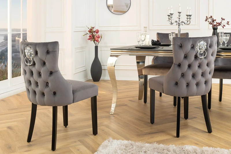 Lot de 2x fauteuils Chesterfield CASTLE DELUXE en velours gris avec rivets tête de lion