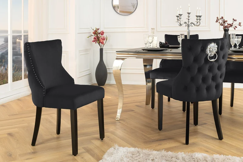 Lot de 2x fauteuils Chesterfield CASTLE DELUXE en velours noir avec rivets tête de lion
