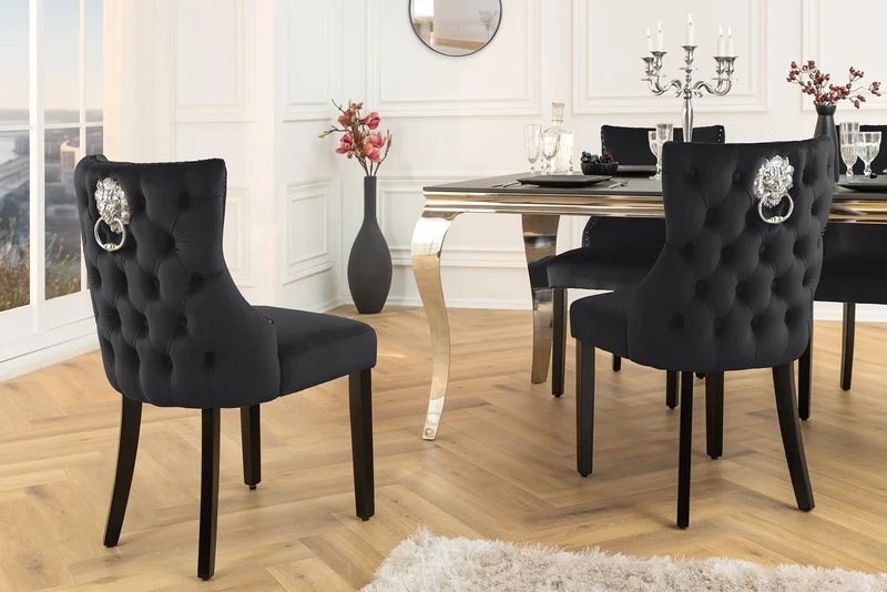 Lot de 2x fauteuils Chesterfield CASTLE DELUXE en velours noir avec rivets tête de lion