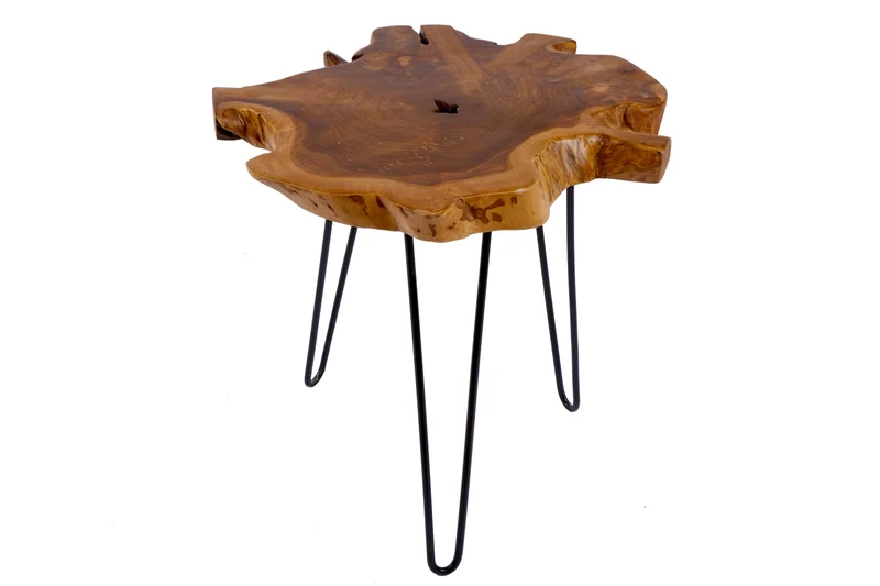 Table d'appoint unique WILD 50 cm en bois de teck massif avec pieds en métal noir