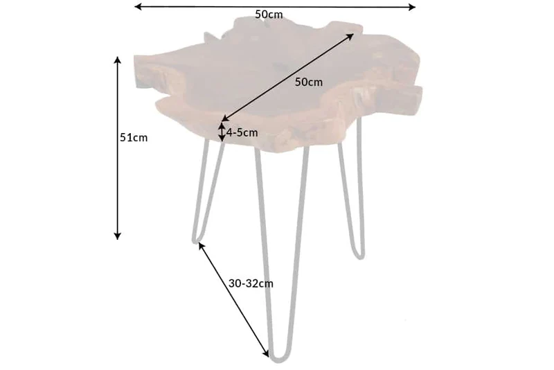 Table d'appoint unique WILD 50 cm en bois de teck massif avec pieds en métal noir