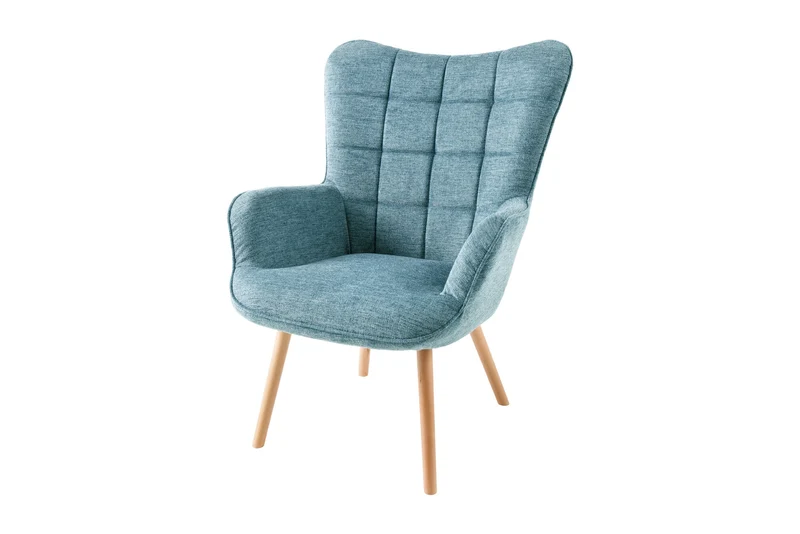Fauteuil moderne SCANDINAVIA tissu texturé bleu pieds en bois massif avec accoudoirs