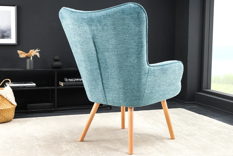 Fauteuil moderne SCANDINAVIA tissu texturé bleu pieds en bois massif avec accoudoirs