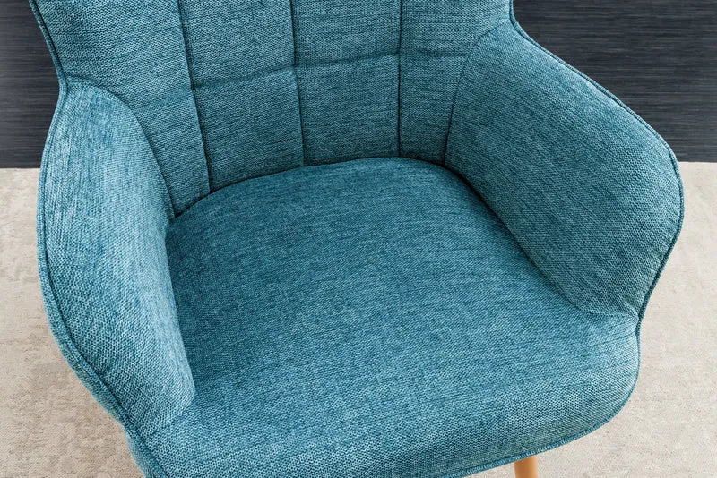 Fauteuil moderne SCANDINAVIA tissu texturé bleu pieds en bois massif avec accoudoirs