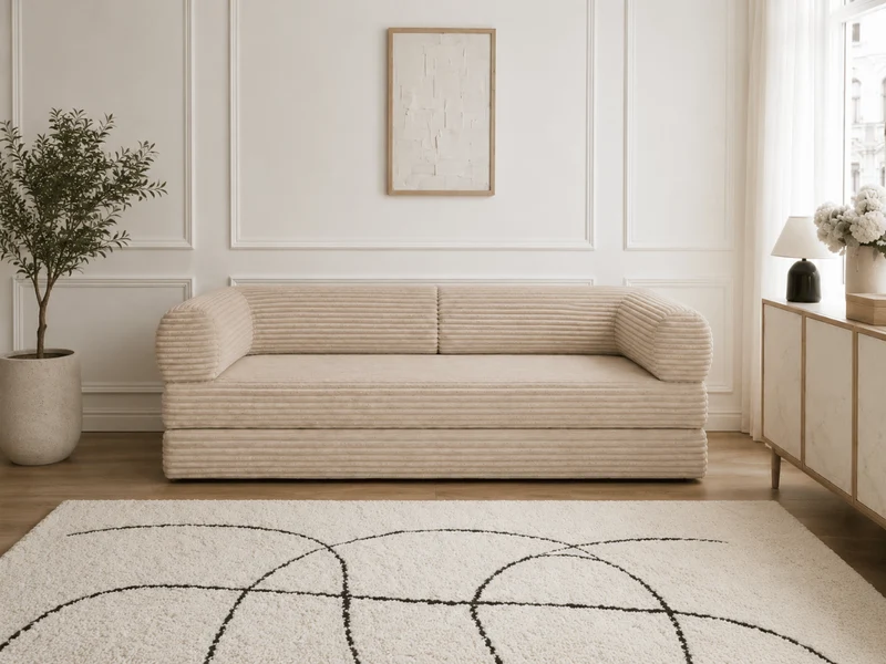 Canapé 3 places convertible Victor Hugo 200 cm en velours côtelé épais beige