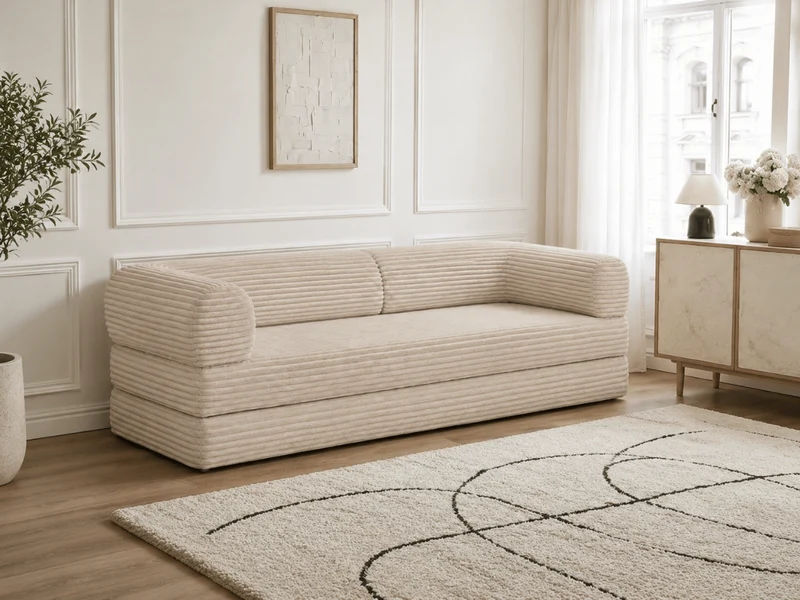 Canapé 3 places convertible Victor Hugo 200 cm en velours côtelé épais beige