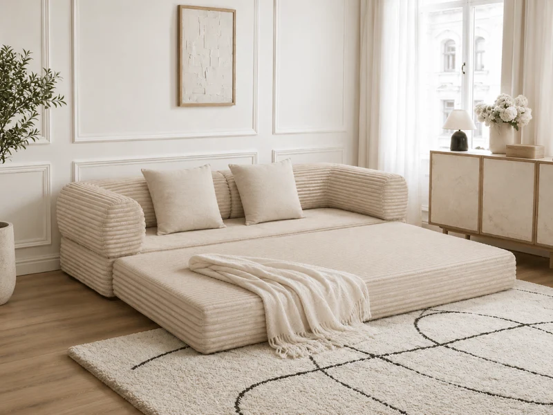 Canapé 3 places convertible Victor Hugo 200 cm en velours côtelé épais beige