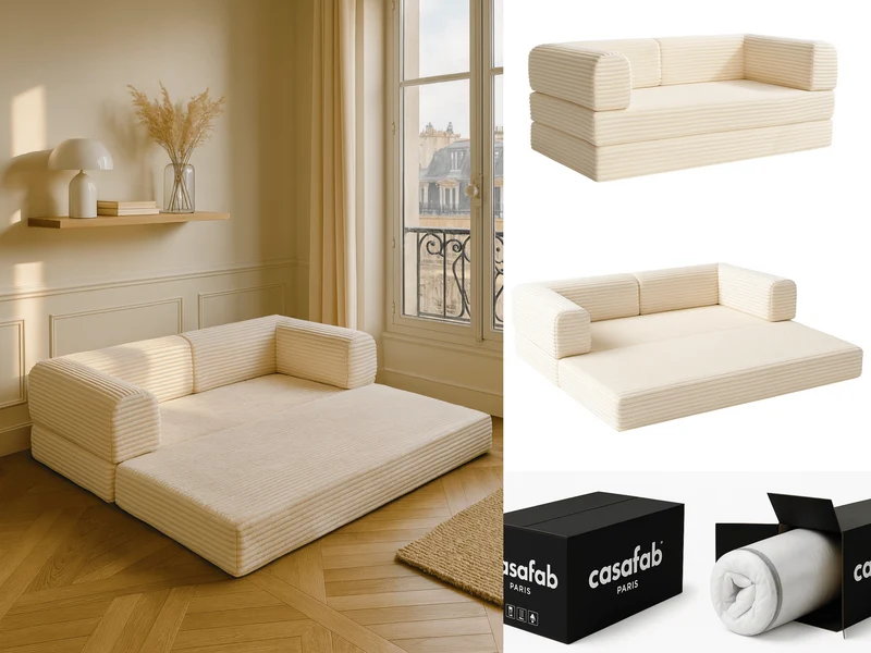 Canapé 3 places convertible Victor Hugo 200 cm en velours côtelé épais beige