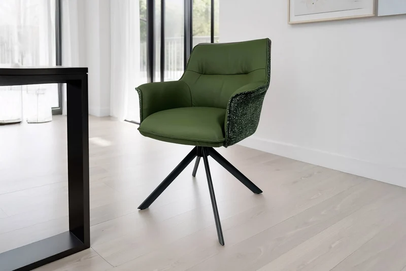 Lot de 2x fauteuils pivotant LE GRAND cuir véritable vert tissu texturé structure métal noir