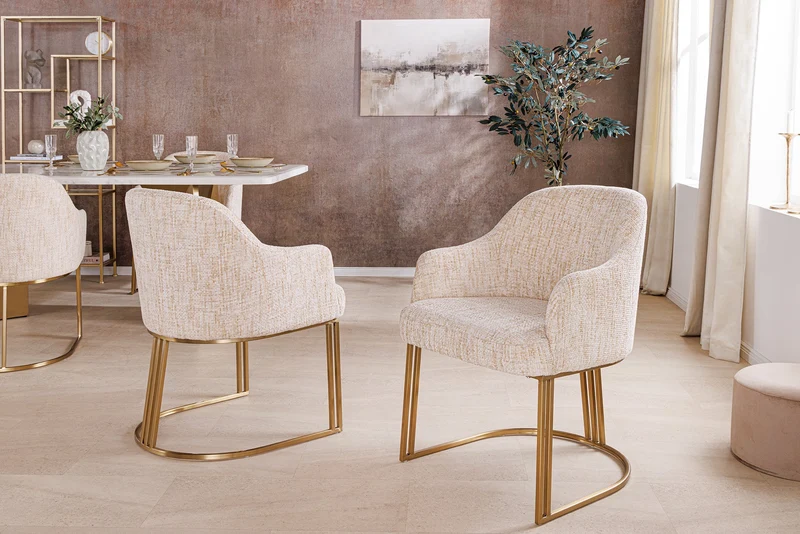 Lot de 2x fauteuils avec accoudoirs EXTRAVAGANCIA tissu chenille beige métal doré champagne brossé