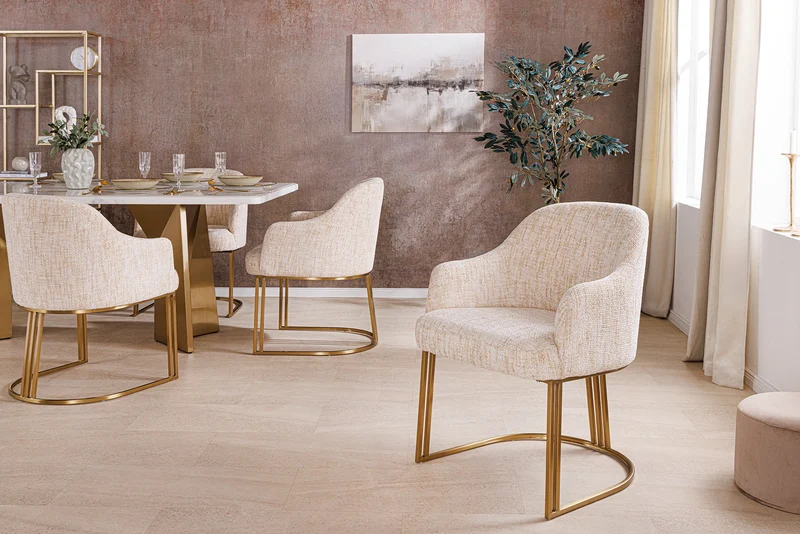 Lot de 2x fauteuils avec accoudoirs EXTRAVAGANCIA tissu chenille beige métal doré champagne brossé
