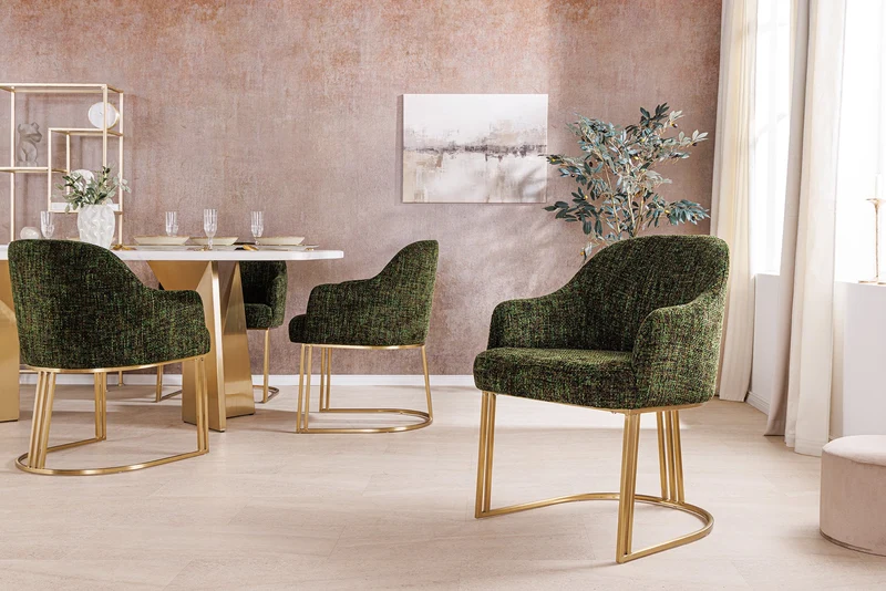 Lot de 2x fauteuils avec accoudoirs EXTRAVAGANCIA tissu chenille vert foncé métal brossé champagne doré