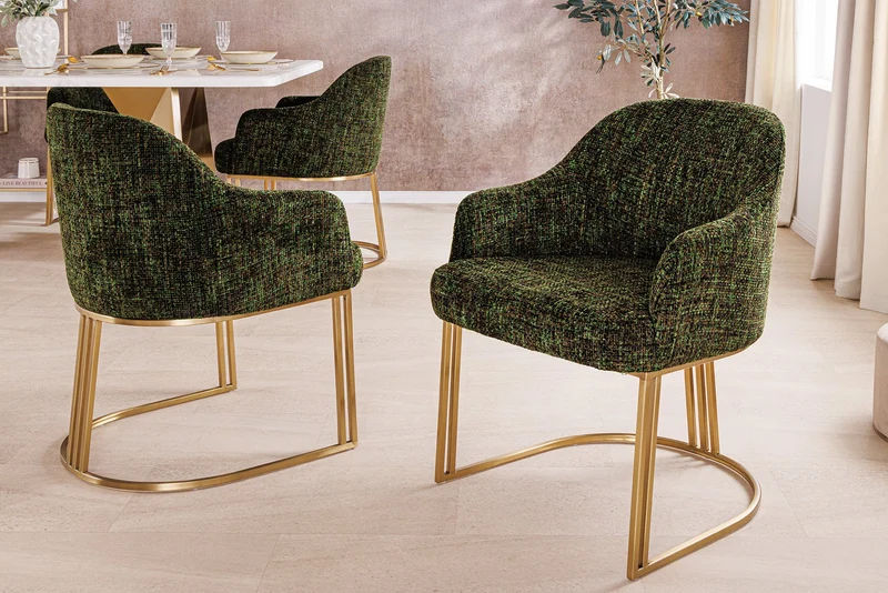 Lot de 2x fauteuils avec accoudoirs EXTRAVAGANCIA tissu chenille vert foncé métal brossé champagne doré