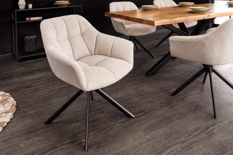 Lot de 2x fauteuils pivotant PAPILLON beige champagne, coutures décoratives, structure en métal noir, avec accoudoirs