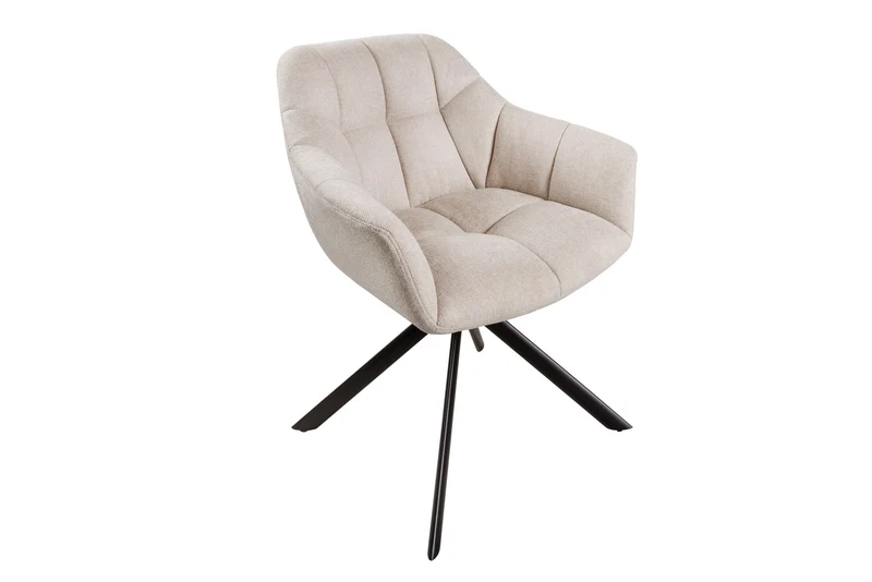 Lot de 2x fauteuils pivotant PAPILLON beige champagne, coutures décoratives, structure en métal noir, avec accoudoirs