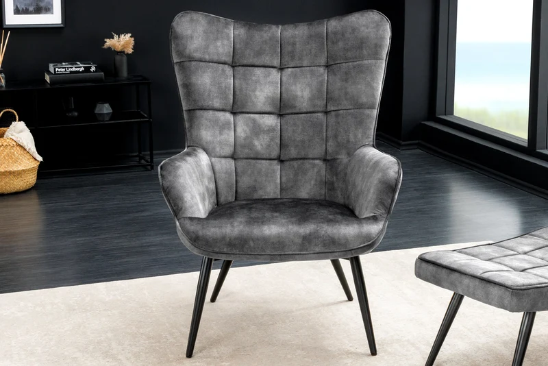 Fauteuil moderne SCANDINAVIA velours gris pieds métal noir avec accoudoirs