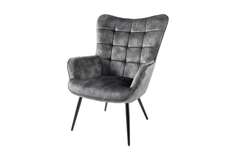 Fauteuil moderne SCANDINAVIA velours gris pieds métal noir avec accoudoirs