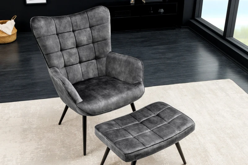 Fauteuil moderne SCANDINAVIA velours gris pieds métal noir avec accoudoirs
