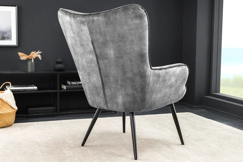 Fauteuil moderne SCANDINAVIA velours gris pieds métal noir avec accoudoirs