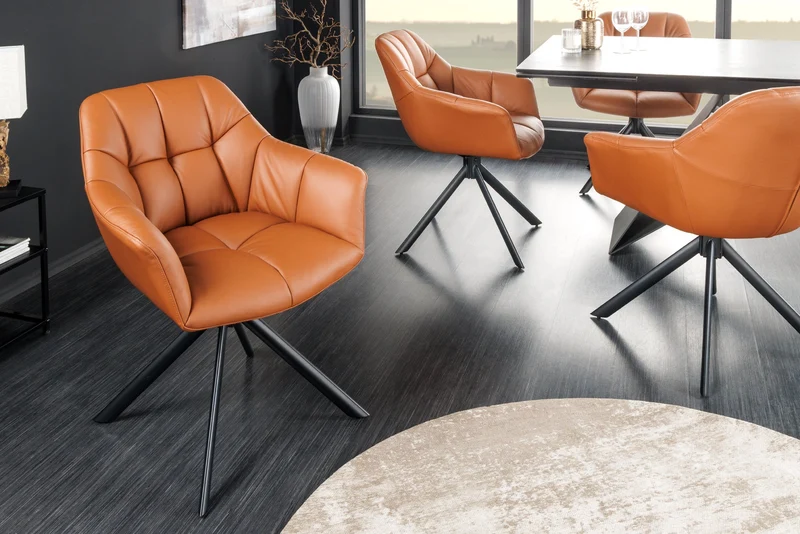 Lot de 2x fauteuils pivotant PAPILLON en cuir véritable cognac avec accoudoirs, structure noire