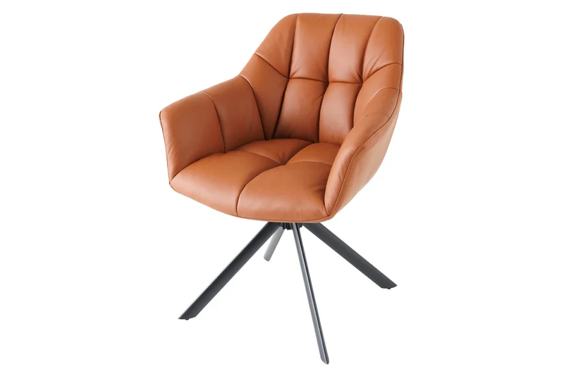 Lot de 2x fauteuils pivotant PAPILLON en cuir véritable cognac avec accoudoirs, structure noire