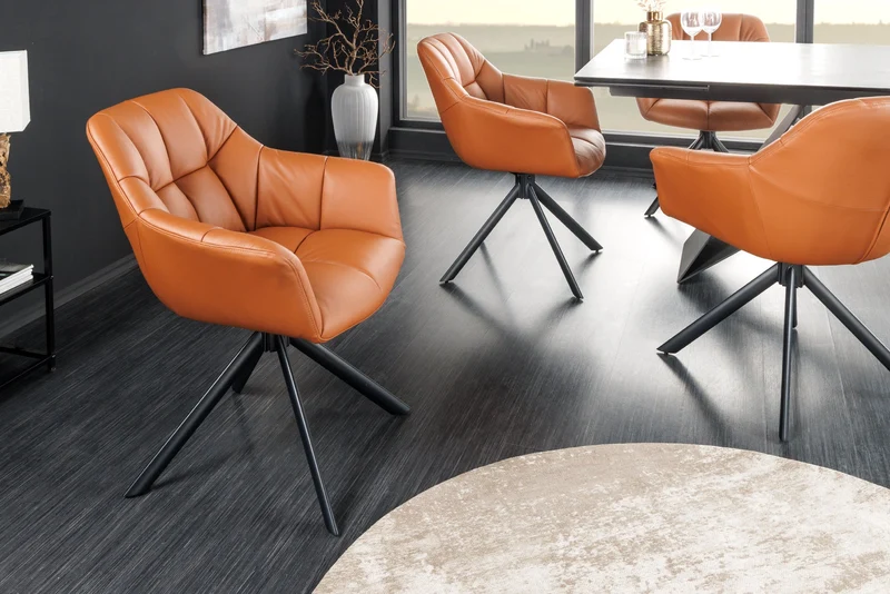 Lot de 2x fauteuils pivotant PAPILLON en cuir véritable cognac avec accoudoirs, structure noire