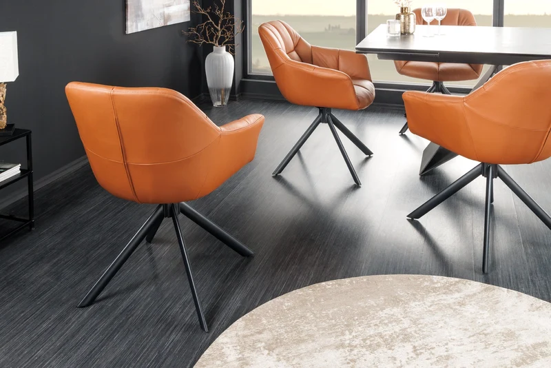 Lot de 2x fauteuils pivotant PAPILLON en cuir véritable cognac avec accoudoirs, structure noire