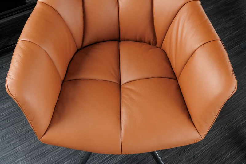 Lot de 2x fauteuils pivotant PAPILLON en cuir véritable cognac avec accoudoirs, structure noire