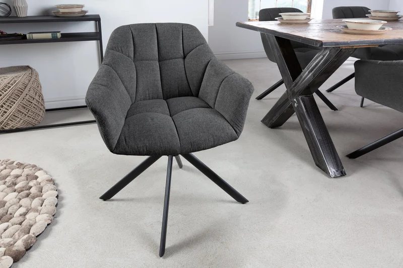 Lot de 2x fauteuils pivotant PAPILLON en tissu texturé anthracite avec accoudoirs, coutures décoratives, structure noire