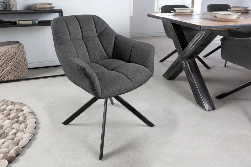 Lot de 2x fauteuils pivotant PAPILLON en tissu texturé anthracite avec accoudoirs, coutures décoratives, structure noire