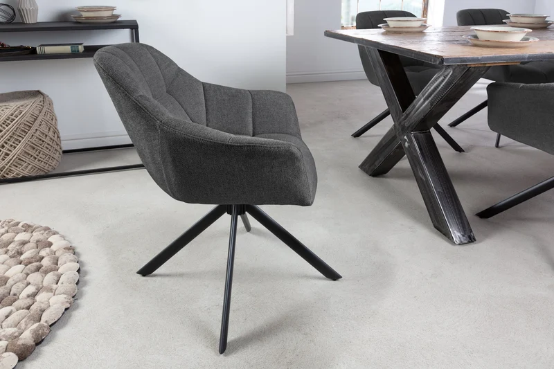 Lot de 2x fauteuils pivotant PAPILLON en tissu texturé anthracite avec accoudoirs, coutures décoratives, structure noire