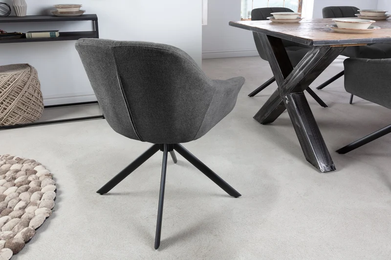 Lot de 2x fauteuils pivotant PAPILLON en tissu texturé anthracite avec accoudoirs, coutures décoratives, structure noire