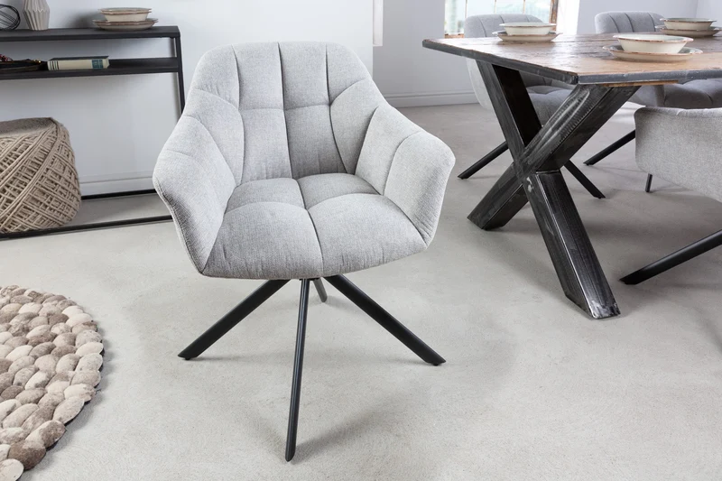 Lot de 2x fauteuils pivotant PAPILLON en tissu texturé gris clair avec accoudoirs, coutures décoratives, structure noire