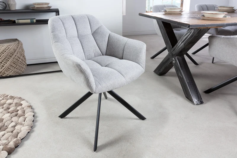Lot de 2x fauteuils pivotant PAPILLON en tissu texturé gris clair avec accoudoirs, coutures décoratives, structure noire