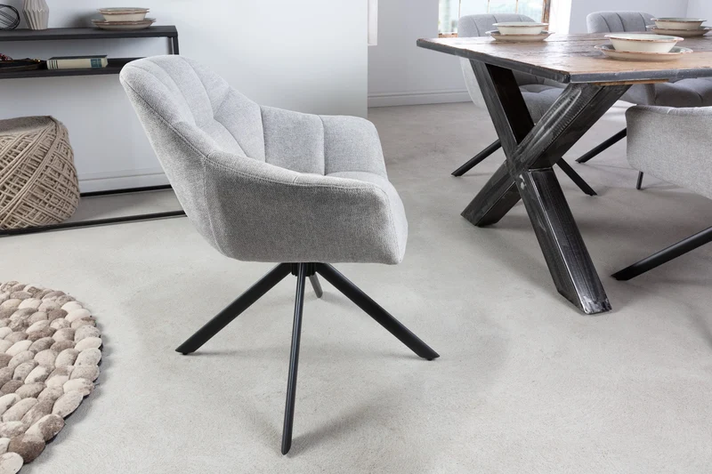 Lot de 2x fauteuils pivotant PAPILLON en tissu texturé gris clair avec accoudoirs, coutures décoratives, structure noire