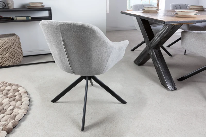 Lot de 2x fauteuils pivotant PAPILLON en tissu texturé gris clair avec accoudoirs, coutures décoratives, structure noire