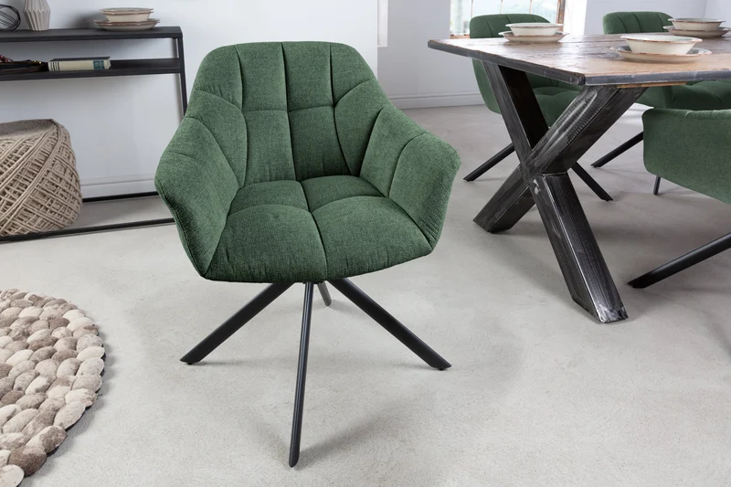 Lot de 2x fauteuils pivotant PAPILLON en tissu texturé vert foncé avec accoudoirs, coutures décoratives, structure noire
