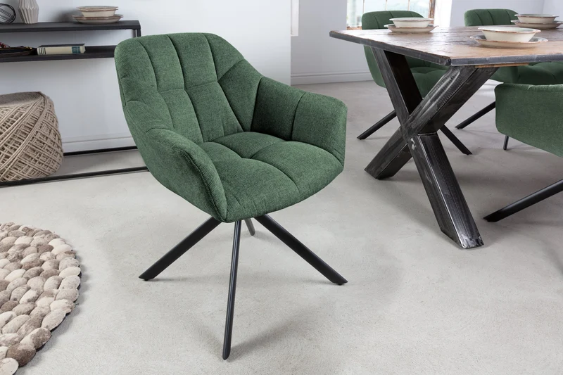 Lot de 2x fauteuils pivotant PAPILLON en tissu texturé vert foncé avec accoudoirs, coutures décoratives, structure noire