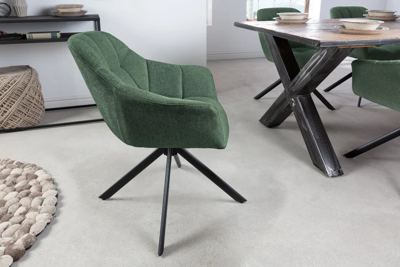 Lot de 2x fauteuils pivotant PAPILLON en tissu texturé vert foncé avec accoudoirs, coutures décoratives, structure noire