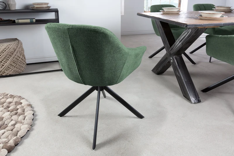 Lot de 2x fauteuils pivotant PAPILLON en tissu texturé vert foncé avec accoudoirs, coutures décoratives, structure noire