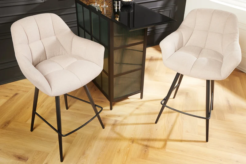Tabouret de bar pivotant PAPILLON chaise de bar beige champagne avec dossier pieds en métal noir
