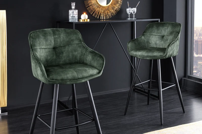Tabouret de bar design EUPHORIA velours vert foncé pieds en métal noir chaise de bar avec dossier