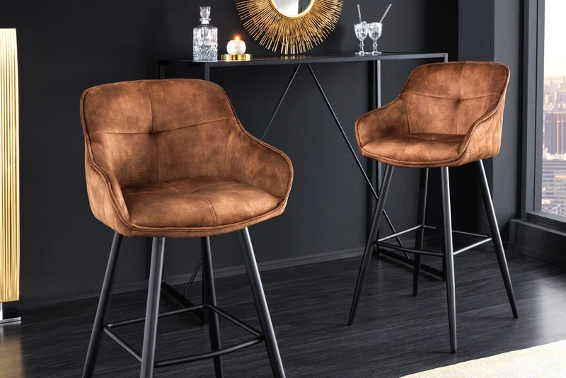 Tabouret de bar design EUPHORIA velours marron rouille pieds en métal noir chaise de bar avec dossier
