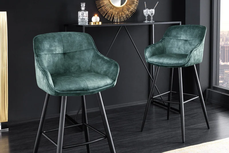 Tabouret de bar design EUPHORIA velours gris pieds métal noir chaise de bar avec dossier