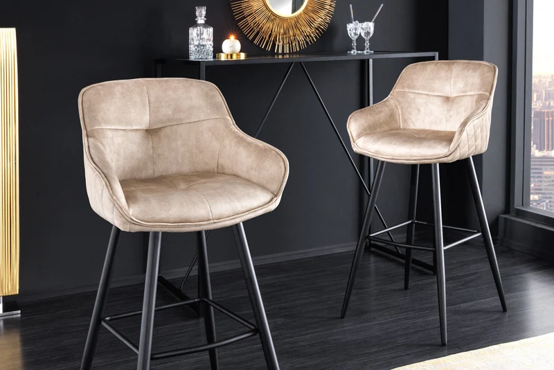 Tabouret de bar design EUPHORIA velours champagne grège pieds métal noir chaise de bar avec dossier