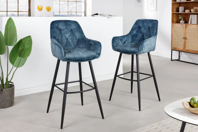 Tabouret de bar design MILANO chaise de bar en velours pétrole avec dossier en métal noir
